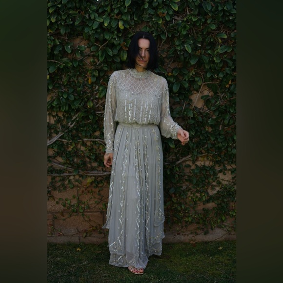 Vintage Oleg Cassini Grey Tie Edwardian Style Silk Beaded Gown